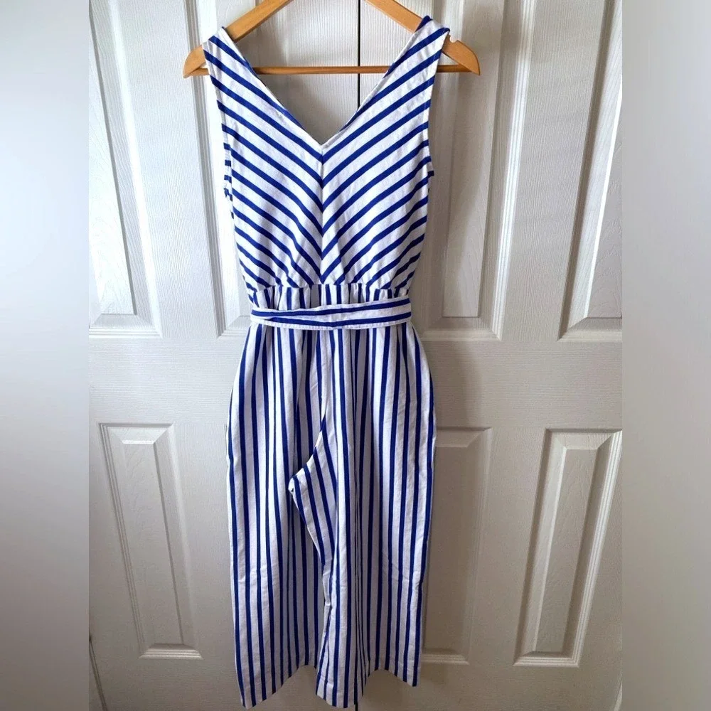 J.CREW Royal Blue/White Striped V-Neck Wide-Leg‎ V-Neck Cropped Jumpsuit SZ 6